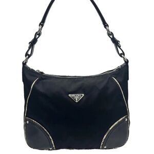 Authentic Prada Tessuto Nylon Hobo Bag Black Silver Hardware Vintage Y2K Italy